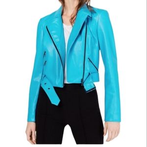 INC faux leather cropped moto biker jacket turquoise blue size XXL